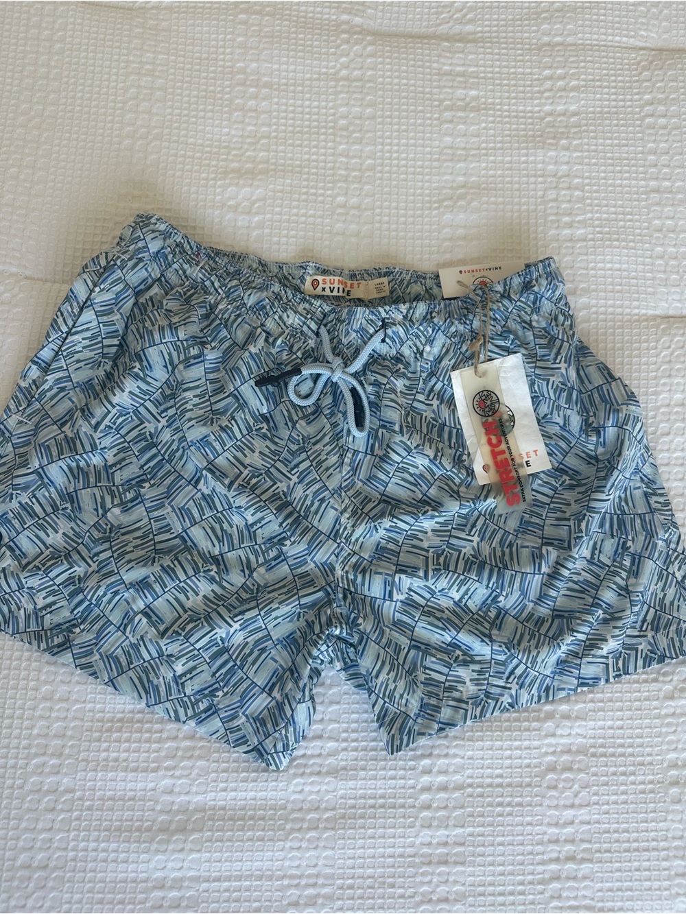 Sunset x Vine Men’s Swim Trunks Light Blue Tropical Leaf Print Size Large NWT